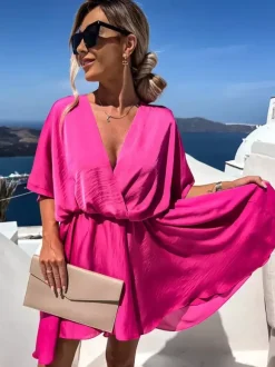 Robe mini en satin pour femme - Robe patineuse bohème portefeuille à manches courtes et col en V - Idéale pour les fêtes d'été à la plage 2026