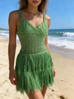 Robe mini à franges en crochet jaune crème pour femme style bohème plage
