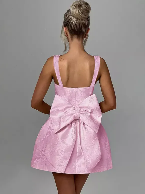 Robe mini Jacquard Coquette pour femme - Barbiecore avec grand n艙ud dans le dos sans manches coupe trapèze - Tenues de fête d'anniversaire d'été 2026