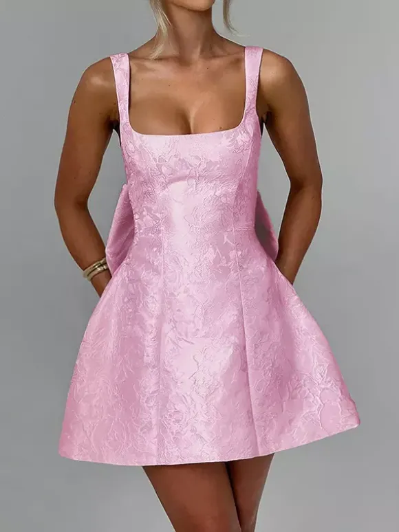 Robe mini Jacquard Coquette pour femme - Barbiecore avec grand n艙ud dans le dos sans manches coupe trapèze - Tenues de fête d'anniversaire d'été 2026