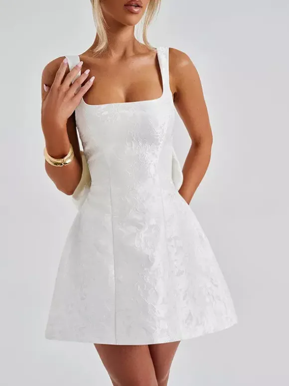 Robe mini Jacquard Coquette pour femme - Barbiecore avec grand n艙ud dans le dos sans manches coupe trapèze - Tenues de fête d'anniversaire d'été 2026