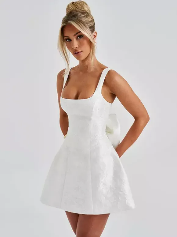 Robe mini Jacquard Coquette pour femme - Barbiecore avec grand n艙ud dans le dos sans manches coupe trapèze - Tenues de fête d'anniversaire d'été 2026