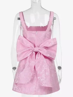 Robe mini Jacquard Coquette pour femme - Barbiecore avec grand n艙ud dans le dos sans manches coupe trapèze - Tenues de fête d'anniversaire d'été 2026