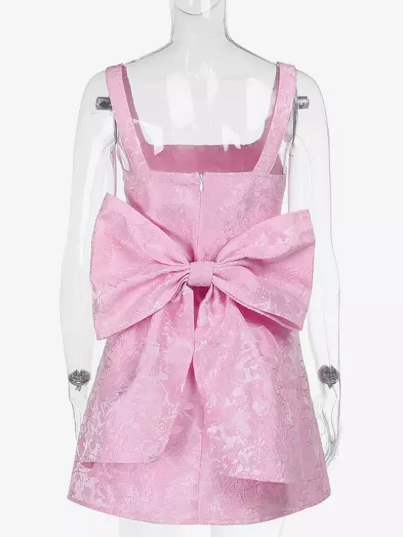 Robe mini Jacquard Coquette pour femme - Barbiecore avec grand n艙ud dans le dos sans manches coupe trapèze - Tenues de fête d'anniversaire d'été 2026