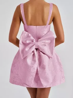 Robe mini Jacquard Coquette pour femme - Barbiecore avec grand n艙ud dans le dos sans manches coupe trapèze - Tenues de fête d'anniversaire d'été 2026