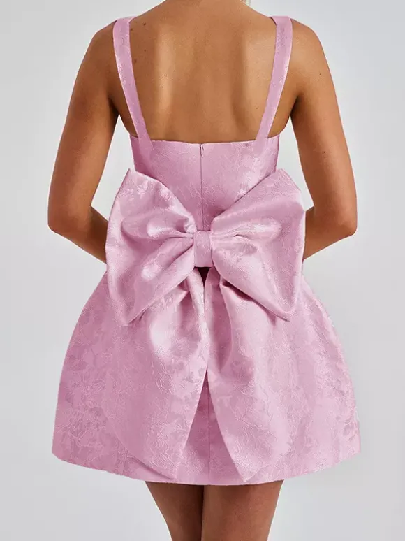 Robe mini Jacquard Coquette pour femme - Barbiecore avec grand n艙ud dans le dos sans manches coupe trapèze - Tenues de fête d'anniversaire d'été 2026