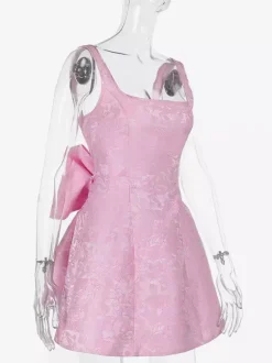 Robe mini Jacquard Coquette pour femme - Barbiecore avec grand n艙ud dans le dos sans manches coupe trapèze - Tenues de fête d'anniversaire d'été 2026