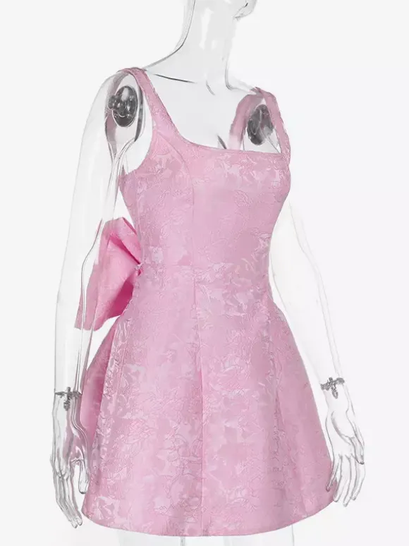 Robe mini Jacquard Coquette pour femme - Barbiecore avec grand n艙ud dans le dos sans manches coupe trapèze - Tenues de fête d'anniversaire d'été 2026