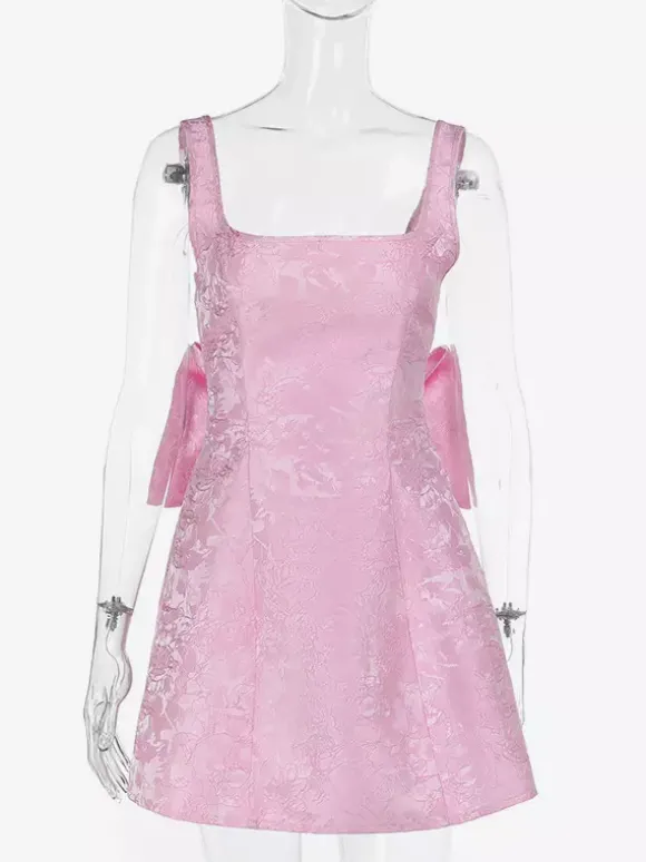 Robe mini Jacquard Coquette pour femme - Barbiecore avec grand n艙ud dans le dos sans manches coupe trapèze - Tenues de fête d'anniversaire d'été 2026