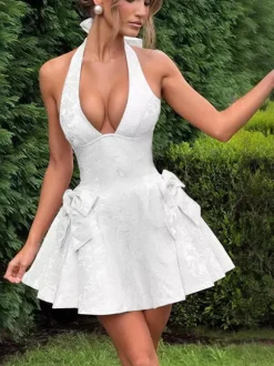 Robe mini jacquard dos nu à col halter pour femme - Robe patineuse trapèze dos nu avec grands n艙uds - Fête d'anniversaire d'été 2026