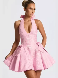 Robe mini jacquard dos nu à col halter pour femme - Robe patineuse trapèze dos nu avec grands n艙uds - Fête d'anniversaire d'été 2026