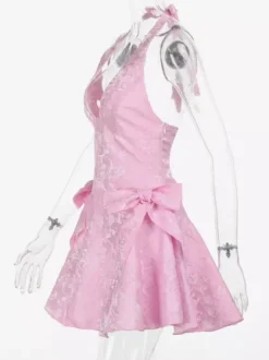 Robe mini jacquard dos nu à col halter pour femme - Robe patineuse trapèze dos nu avec grands n艙uds - Fête d'anniversaire d'été 2026