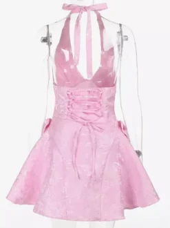 Robe mini jacquard dos nu à col halter pour femme - Robe patineuse trapèze dos nu avec grands n艙uds - Fête d'anniversaire d'été 2026