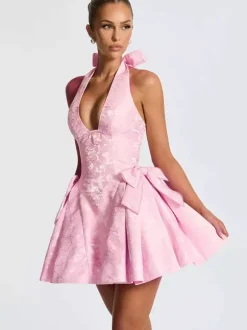 Robe mini jacquard dos nu à col halter pour femme - Robe patineuse trapèze dos nu avec grands n艙uds - Fête d'anniversaire d'été 2026