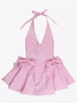 Robe mini jacquard dos nu à col halter pour femme - Robe patineuse trapèze dos nu avec grands n艙uds - Fête d'anniversaire d'été 2026