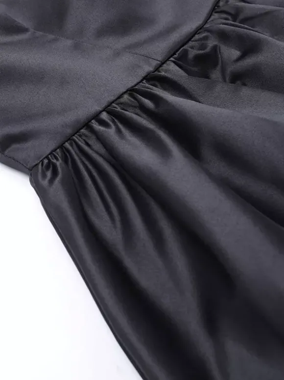 Robe mini à manches en résille pour femme - Noir élégant col montant bouffant style patineuse - Soirée cocktail printemps-été 2026