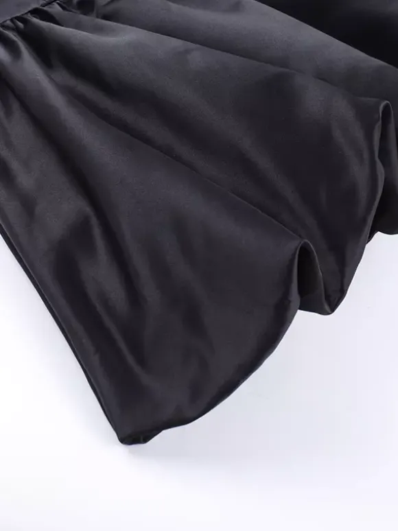 Robe mini à manches en résille pour femme - Noir élégant col montant bouffant style patineuse - Soirée cocktail printemps-été 2026