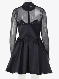 Robe mini à manches en résille pour femme - Noir élégant col montant bouffant style patineuse - Soirée cocktail printemps-été 2026