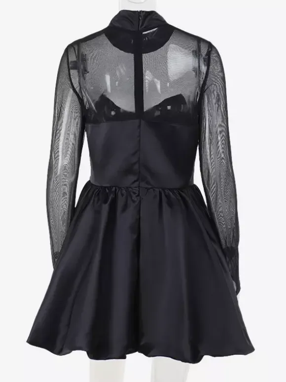 Robe mini à manches en résille pour femme - Noir élégant col montant bouffant style patineuse - Soirée cocktail printemps-été 2026