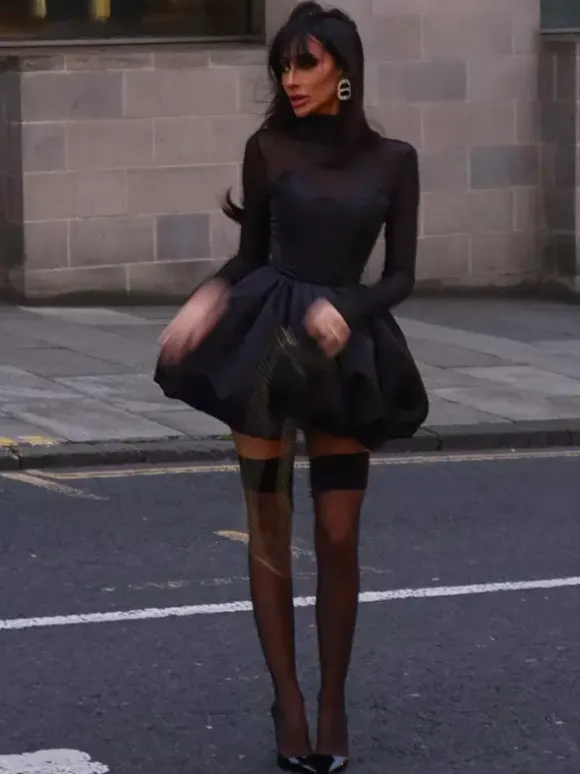 Robe mini à manches en résille pour femme - Noir élégant col montant bouffant style patineuse - Soirée cocktail printemps-été 2026