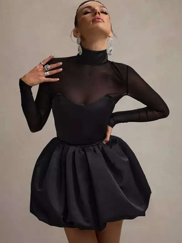 Robe mini à manches en résille pour femme - Noir élégant col montant bouffant style patineuse - Soirée cocktail printemps-été 2026