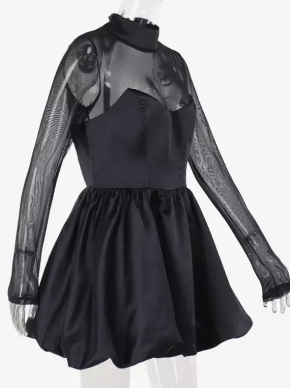 Robe mini à manches en résille pour femme - Noir élégant col montant bouffant style patineuse - Soirée cocktail printemps-été 2026