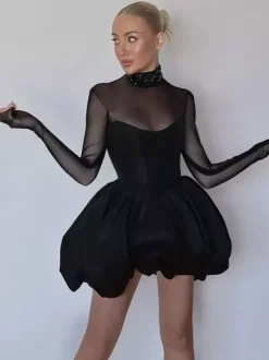 Robe mini à manches en résille pour femme - Noir élégant col montant bouffant style patineuse - Soirée cocktail printemps-été 2026