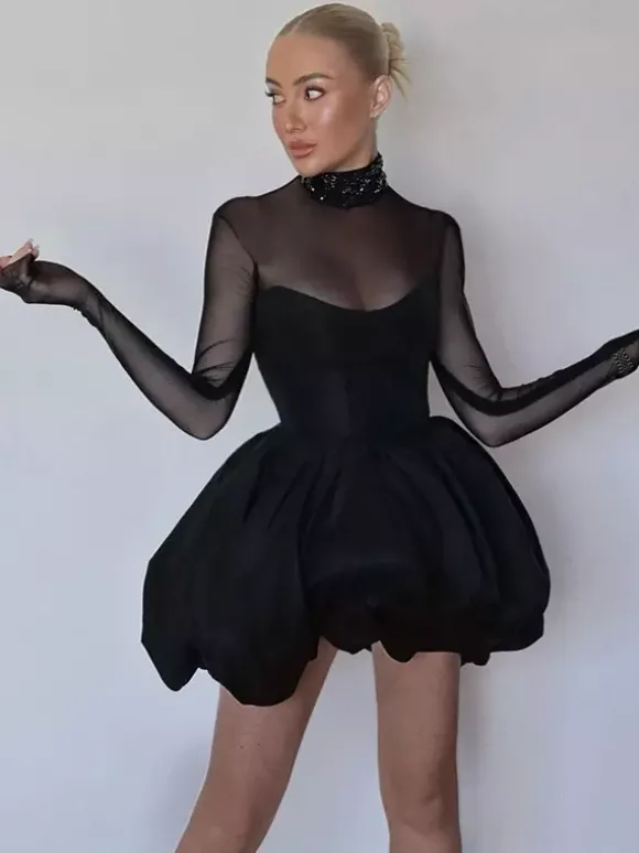 Robe mini à manches en résille pour femme - Noir élégant col montant bouffant style patineuse - Soirée cocktail printemps-été 2026