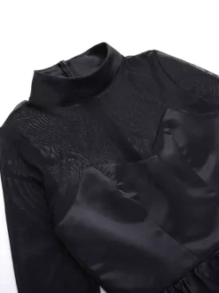 Robe mini à manches en résille pour femme - Noir élégant col montant bouffant style patineuse - Soirée cocktail printemps-été 2026