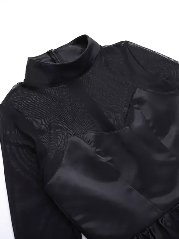 Robe mini à manches en résille pour femme - Noir élégant col montant bouffant style patineuse - Soirée cocktail printemps-été 2026
