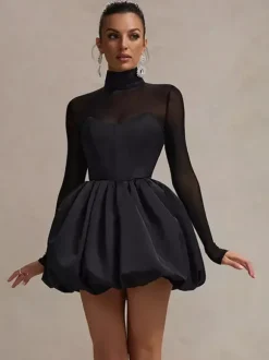 Robe mini à manches en résille pour femme - Noir élégant col montant bouffant style patineuse - Soirée cocktail printemps-été 2026