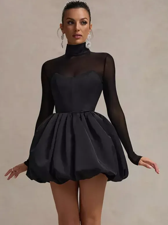 Robe mini à manches en résille pour femme - Noir élégant col montant bouffant style patineuse - Soirée cocktail printemps-été 2026