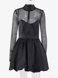 Robe mini à manches en résille pour femme - Noir élégant col montant bouffant style patineuse - Soirée cocktail printemps-été 2026