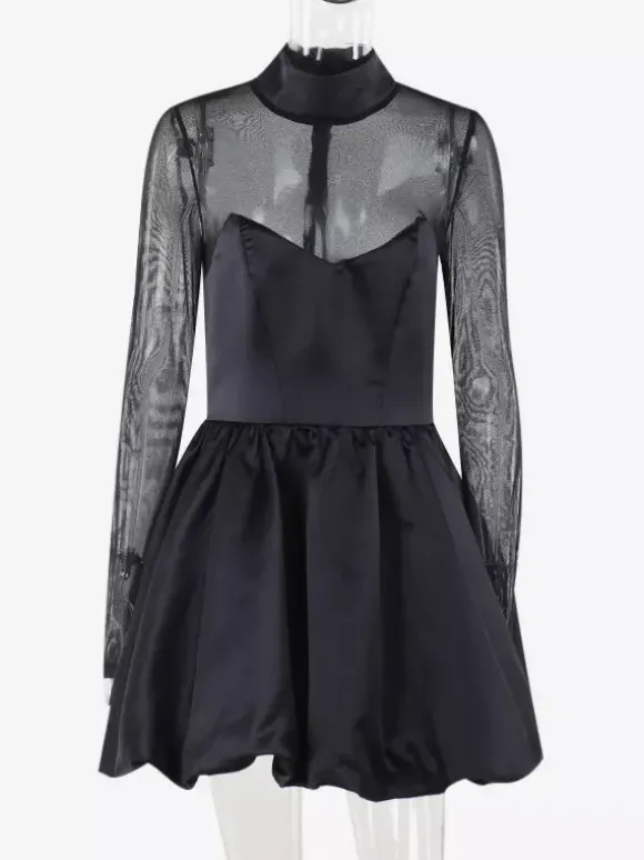 Robe mini à manches en résille pour femme - Noir élégant col montant bouffant style patineuse - Soirée cocktail printemps-été 2026