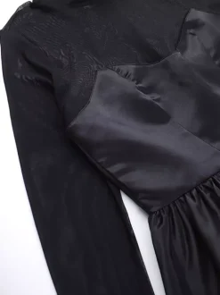 Robe mini à manches en résille pour femme - Noir élégant col montant bouffant style patineuse - Soirée cocktail printemps-été 2026