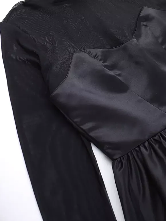 Robe mini à manches en résille pour femme - Noir élégant col montant bouffant style patineuse - Soirée cocktail printemps-été 2026