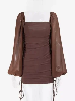Robe mini moulante à manches lanternes transparentes col carré et fronces pour femme 2026