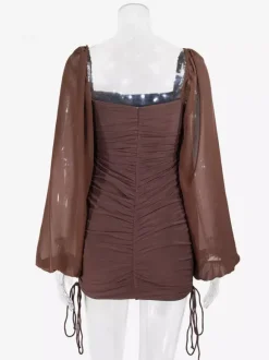 Robe mini moulante à manches lanternes transparentes col carré et fronces pour femme 2026