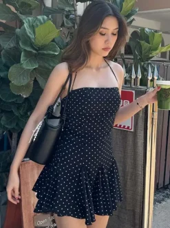 Robe mini pour femme sans manches dos nu taille haute noire chic
