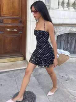 Robe mini pour femme sans manches dos nu taille haute noire chic