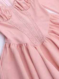 Robe mini rose trapèze style corset pour femme - Empiècements en dentelle Coquette manches longues - Fête d'anniversaire printanière 2026