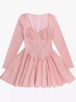 Robe mini rose trapèze style corset pour femme - Empiècements en dentelle Coquette manches longues - Fête d'anniversaire printanière 2026