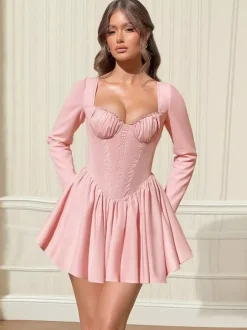 Robe mini rose trapèze style corset pour femme - Empiècements en dentelle Coquette manches longues - Fête d'anniversaire printanière 2026