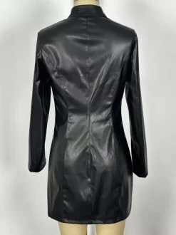 Robe mini sexy en similicuir à col montant manches longues et fermeture éclair sur le devant pour femme 2026
