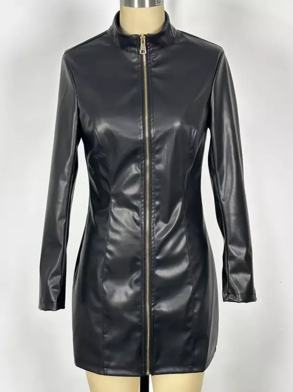 Robe mini sexy en similicuir à col montant manches longues et fermeture éclair sur le devant pour femme 2026
