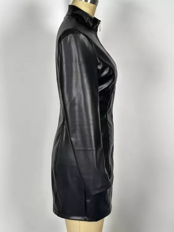 Robe mini sexy en similicuir à col montant manches longues et fermeture éclair sur le devant pour femme 2026