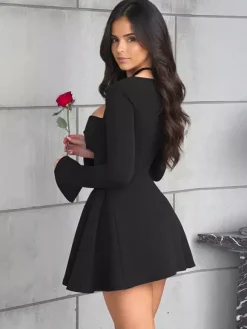 Robe mini sexy à manches longues et coupe trapèze pour femme 2026