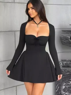 Robe mini sexy à manches longues et coupe trapèze pour femme 2026