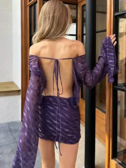 Robe mini transparente dos nu pour femme - Décolleté en V sexy manches longues à nouer sur le devant coupe moulante froncée - Idéale pour une soirée d'été en boîte de nuit 2026