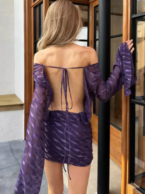 Robe mini transparente dos nu pour femme - Décolleté en V sexy manches longues à nouer sur le devant coupe moulante froncée - Idéale pour une soirée d'été en boîte de nuit 2026